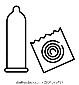 A black and white line art illustration depicting a condom alongside its foil wrapper, ideal for concepts related to sexual health and safe practices.