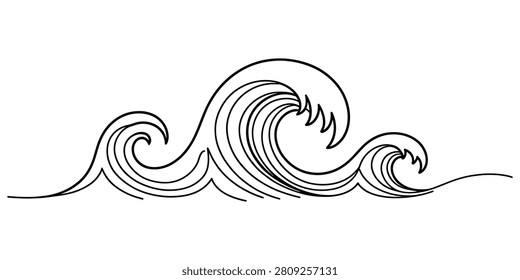 Black and white line art illustration of a rolling ocean wave design element isolated on a clean white background for creative graphic projects Vector, illustration