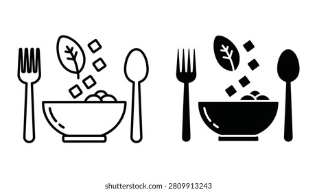 Black and white line art illustration of forks, knives, spoons, and bowls arranged in a minimalist dining set.
