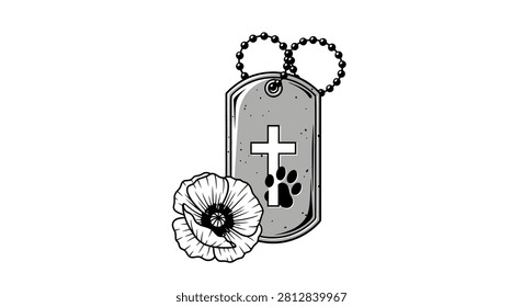 Black and white line art illustration featuring a military dog tag with a cross and a paw print symbol accompanied by a poppy flower for memorial and remembrance.