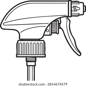 A black and white line art illustration of a plastic spray bottle trigger head mechanism isolated on a white background.