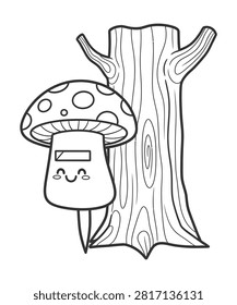 Black and white line art illustration featuring a charming mushroom-shaped mailbox with a cute smiling face, standing beside a textured tree trunk. Ideal for coloring books, kids' activities, or whimsical forest designs.