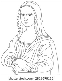Black and white line art illustration of the Mona Lisa portrait isolated on white background