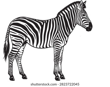 Black and white line art illustration of a standing zebra with wildlife illustration graphics creative standing creature herbivore monochrome
