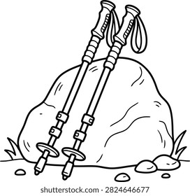 A black and white line art illustration of two hiking poles resting on a rock.