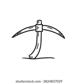 A black and white line art illustration of a pickaxe tool isolated on a white background in a simple doodle style