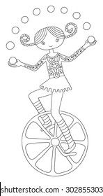 black and white line art illustration of circus theme - teenage girl juggler on unicycle,  you can use like coloring book for adults, vector illustration