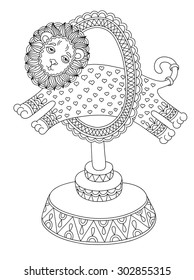 black and white line art illustration of circus theme - a lion jumps through a ring, you can use like coloring book for adults, vector illustration