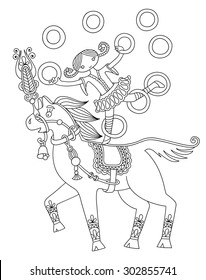 black and white line art illustration of circus theme - girl juggler astride on a horse,  you can use like coloring book for adults, vector illustration