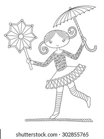 black and white line art illustration of circus theme - pretty girl acrobat walking a tightrope  with an umbrella and decorative star,  you can use like coloring book for adults, vector illustration