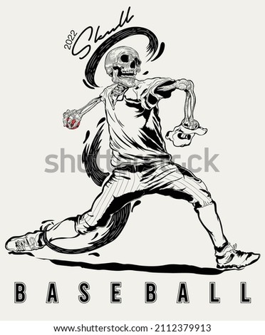 A black and white line art illustration of  skull baseball player thronging ball, wearing baseball shirt and trouser and boot.
