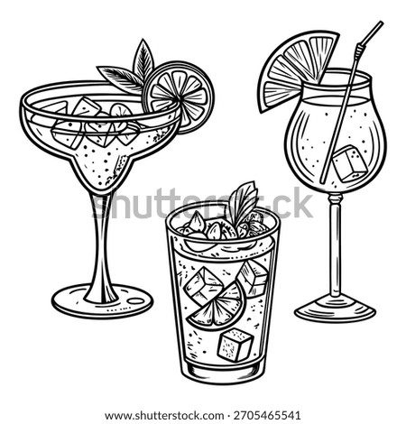 Black and white line art illustration of refreshing summer drinks in assorted glassware. Includes citrus slices, mint leaves, ice cubes, and decorative elements like umbrellas and fruit garnishes. Han