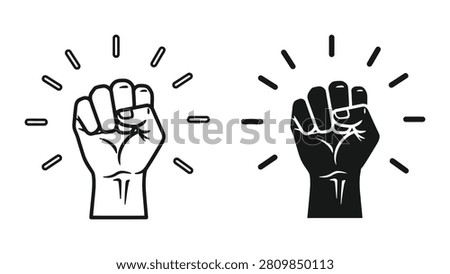 Black and white line art illustration of two raised fists symbolizing unity, victory, and protest movements.