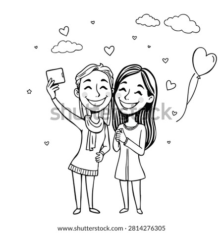 A black and white line art illustration depicts two women taking a selfie with a smartphone, surrounded by hearts and