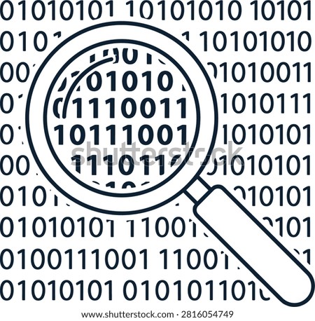 Black and white line art illustration of magnifying glass analyzing binary code grid, big data search and cybersecurity code audit concept icon.
