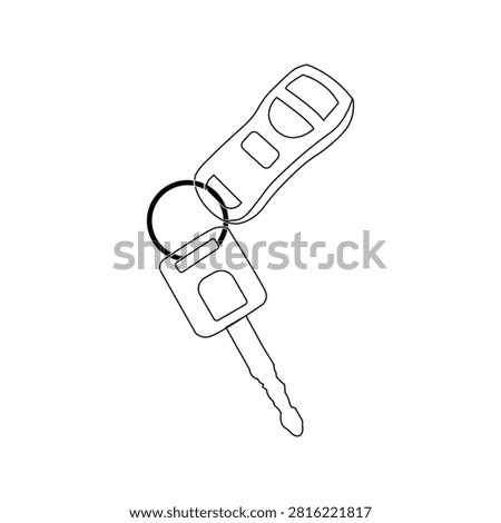 Black and white line art illustration of a car key with remote key fob isolated on white background. This clean outline drawing features a detailed metal key blade and a modern car remote control with buttons, connected by a key ring. Ideal for automotive, security, technology, and icon design projects.