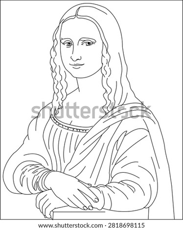Black and white line art illustration of the Mona Lisa portrait isolated on white background
