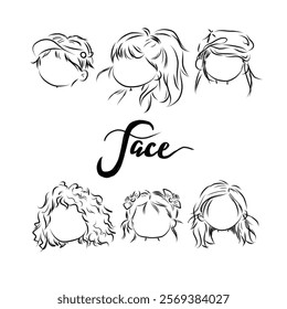 Black and white line art illustrations depicting various female hairstyles and accessories in an artistic design, suitable for themed designs, artwork, personal projects, or fashion-related content.