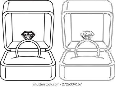 Ilustrações de arte em linha a preto e branco de anéis de diamante em caixas de joias abertas, uma preenchida e outra com contorno, sobre um fundo branco puro