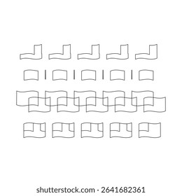 A black and white line art image featuring three rows of abstract, interconnected geometric shapes, including L shapes, rectangles, and flowing, wavy forms.