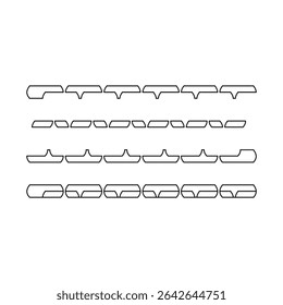 Una Imagen de arte lineal en blanco y negro con cuatro filas de Formas geométricas abstractas e interconectadas, que incluyen arcos, rectángulos y formas cilíndricas con recortes.