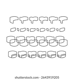 Uma imagem em preto-e-branco com quatro linhas de formas geométricas abstratas e interconectadas, incluindo formas em L, retângulos e formas cilíndricas com recortes.