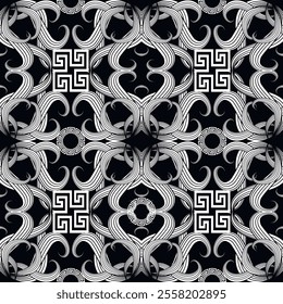Black and white line art intricate swirls interlacing greek key meander seamless pattern. Creative abstract drawing flowers, swirl lines modern vector background. Beautiful ornaments. Endless texture.