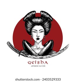 Black and white line art japanese design with geisha, katana and red sun on background. Vector illustration