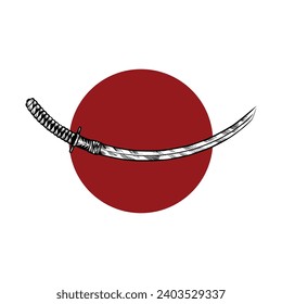 Black and white line art japanese design with katana and red sun on background. Vector illustration