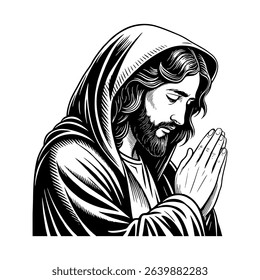 Black and White Line Art of Jesus Praying with Hands Together.