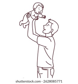 Black and white line art of joyful father lifting baby son in the air, enjoying playful bonding moment full of trust, love and happiness