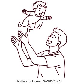 Black and white line art of joyful father lifting baby son in the air, enjoying playful bonding moment full of trust, love and happiness