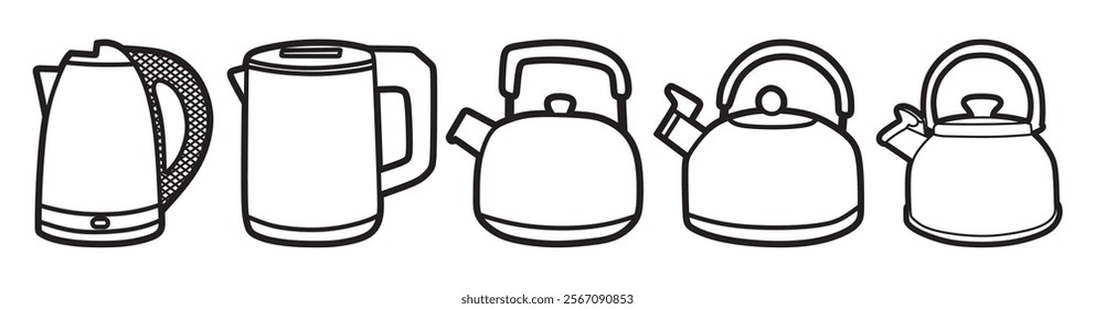 black and white line art of kitchen utensils, water cooker, teapot