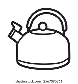 black and white line art of kitchen utensils, simple teapot with whistle