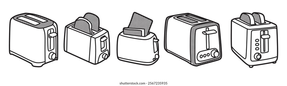 black and white line art of kitchen utensils, collection of toaster vector images