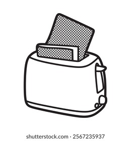 black and white line art of kitchen utensils, toaster, loaf of bread raised one