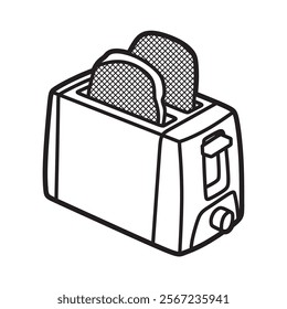 black and white line art of kitchen utensils, toaster with two loaves of bread