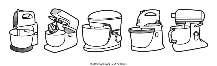 black and white line art of kitchen utensils, dough mixer vector images collection