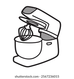 black and white line art of kitchen equipment, mixer dough mixer raised