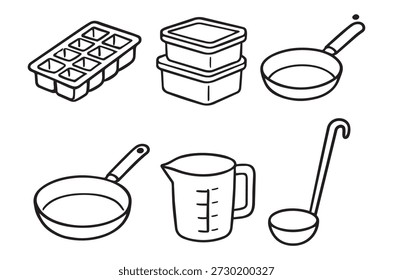 Black and white line art of kitchen items: ice tray, containers, pans, ladle, and pitcher.