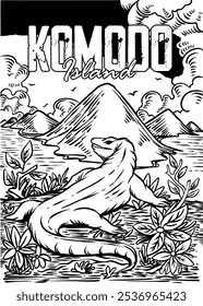 Projeto de cartaz preto e branco Line Art Komodo Island. Vetor de plano de fundo EPS 10