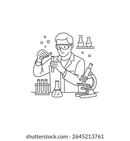 Linha preta e branca de um técnico de laboratório vestindo um casaco e óculos de proteção, trabalhando com ferramentas químicas como tubos de ensaio e microscópio em um ambiente de laboratório.