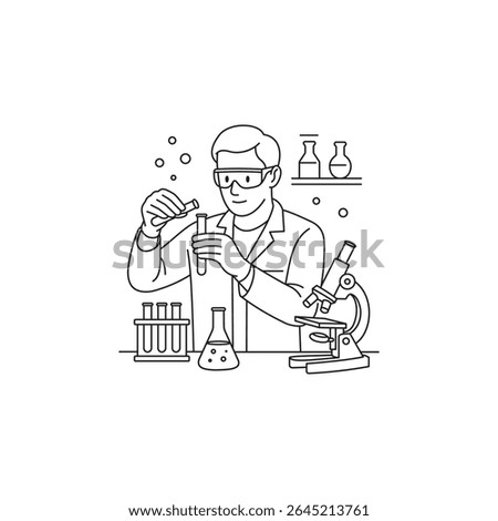 Black and white line art of a lab technician wearing a coat and goggles, working with chemical tools like test tubes and microscope in a laboratory environment.