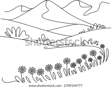 Black and white line art landscape with mountains and flowers