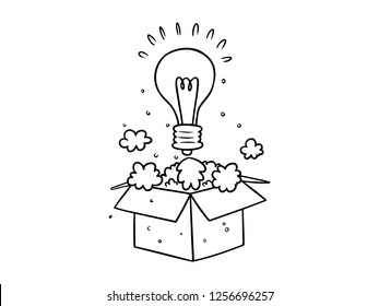 black and white line art, light sketches are lit, ideas appear