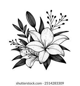 Black and white line art of a lily flower bouquet with delicate leaves and buds, perfect for floral designs or tattoos. Lilies flower 