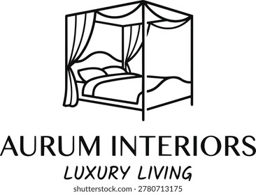 A black and white line art logo featuring a classic four-poster bed with draped curtains, representing luxury interiors and elegant living spaces.