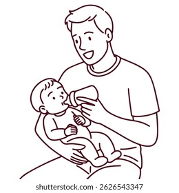 A arte da linha preta e branca do pai amoroso alimenta seu bebê recém-nascido, mostrando cuidado, vínculo emocional e conexão nutritiva entre pai e filho