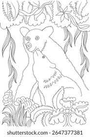 Black white line art of a loving mother bear and cub in a forest setting. Ideal for children's coloring books, educational wildlife themes, animal family illustrations, and nature-inspired designs.