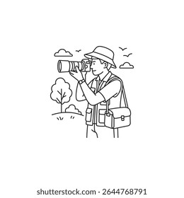 Black and white line art of a male outdoor photographer aiming a DSLR camera, wearing a safari hat and utility vest, with birds and trees in the background.